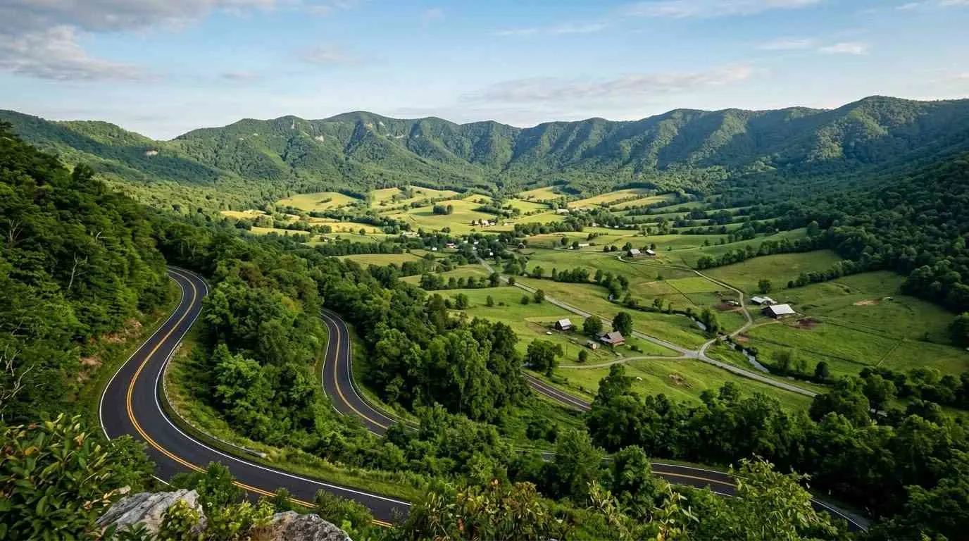 Burkes Garden motorcycle ride guide showing Route 623 descending into a mountain valley bowl in Tazewell County Virginia.