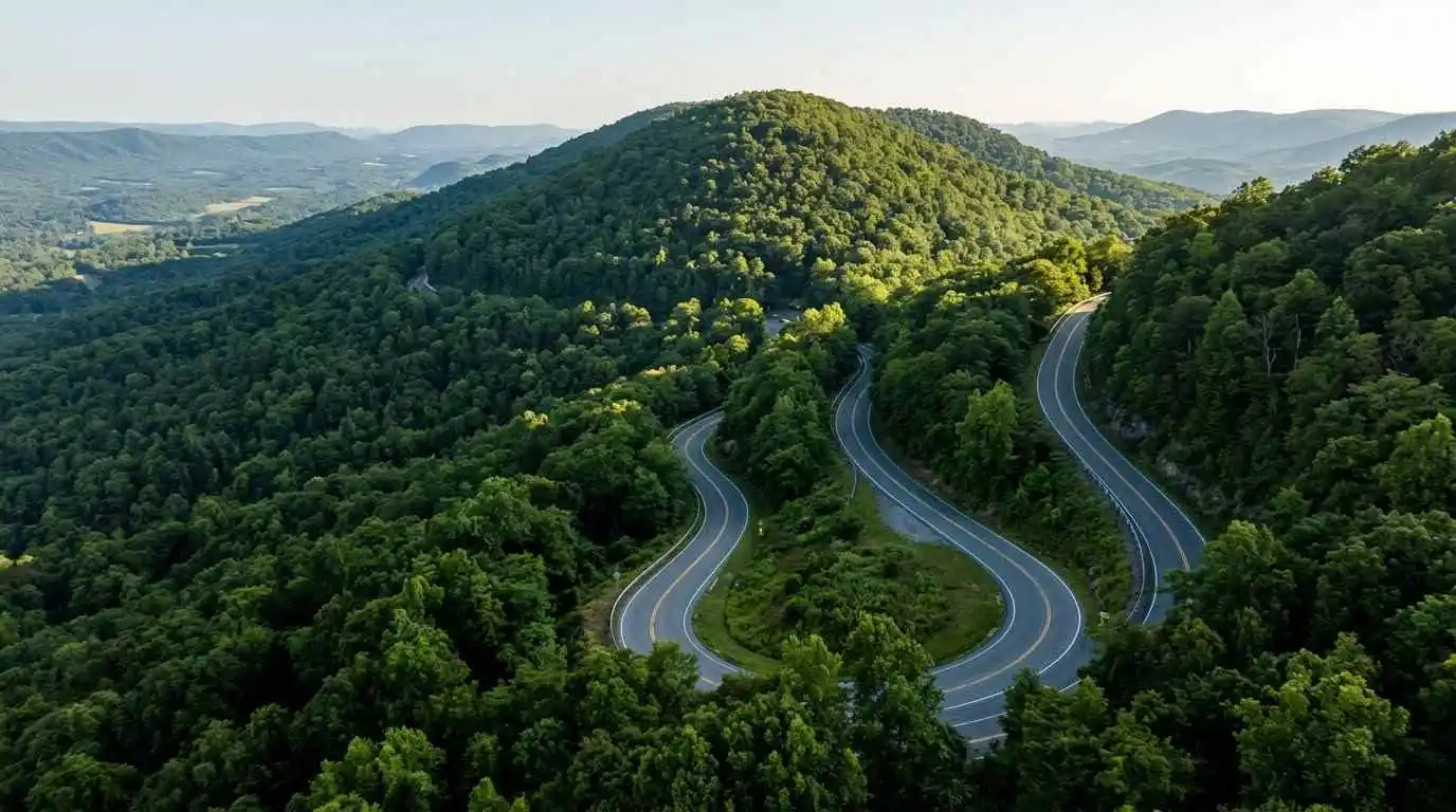 Clinch Mountain and Route 80 motorcycle guide showing tight S-curves climbing Hayters Gap in Virginia.
