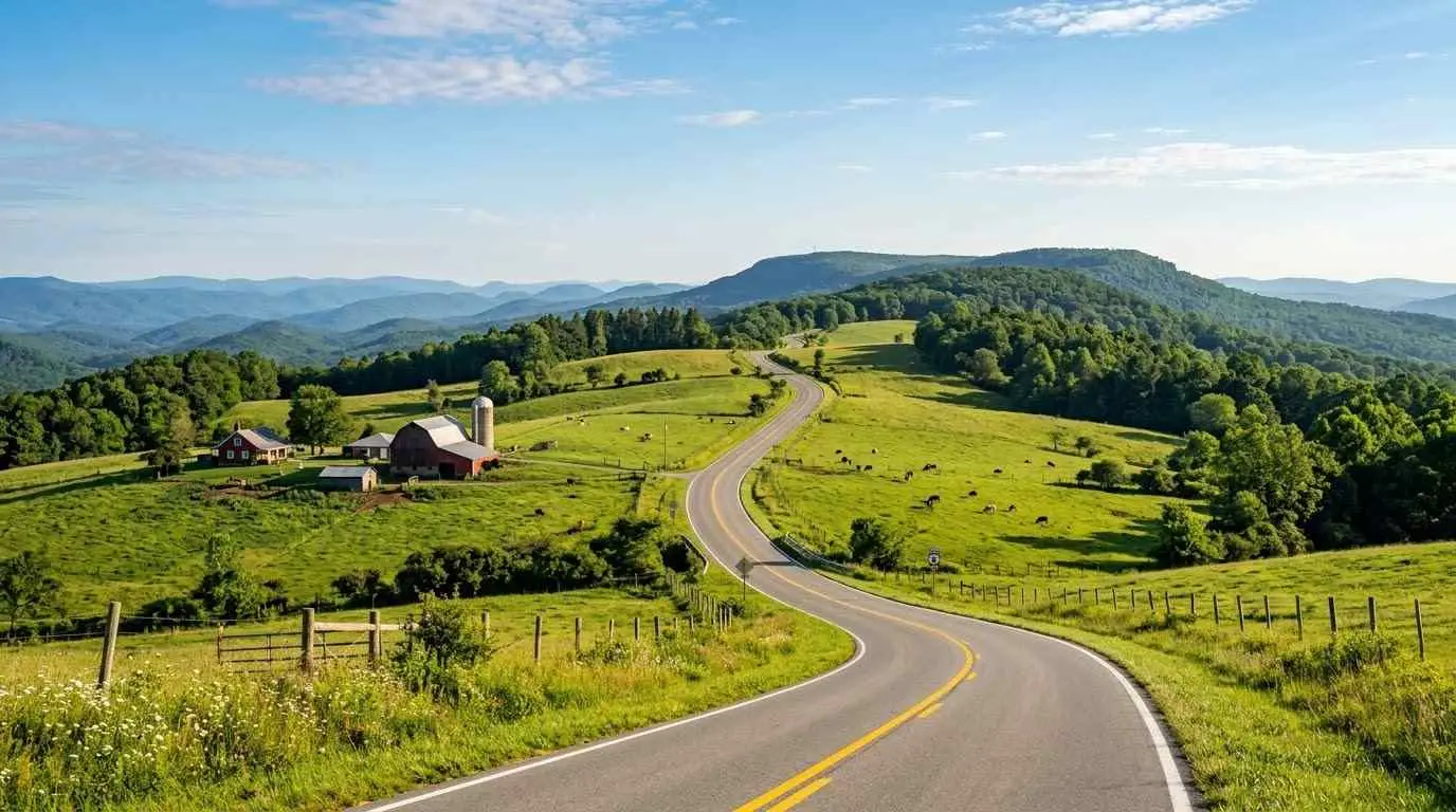 Floyd County and Route 8 motorcycle guide showing a scenic mountain plateau road in Virginia.