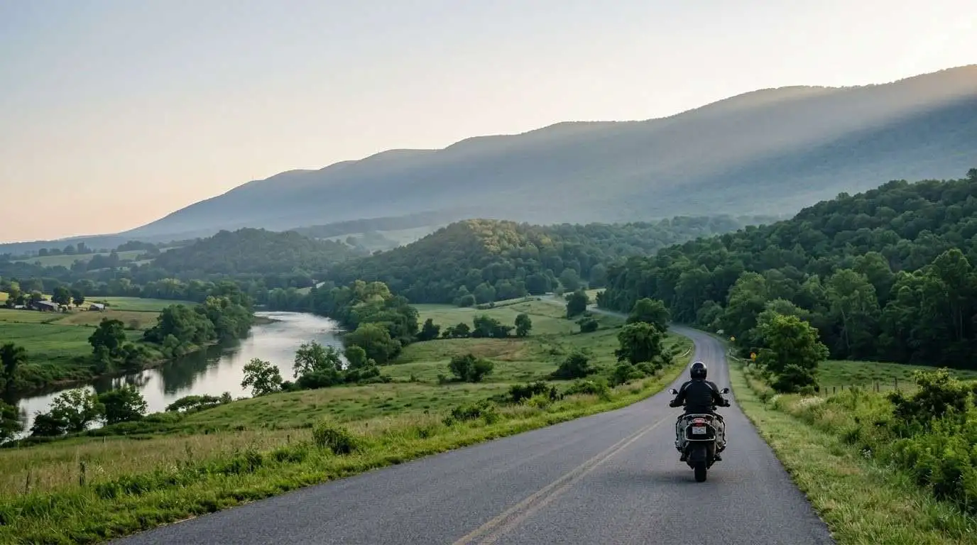 Motorcycle rider on a two-lane road near Front Royal, Virginia with the Blue Ridge Mountains ahead.