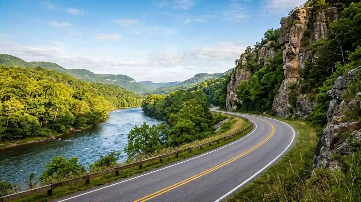 Giles County and New River Valley motorcycle guide showing a scenic river highway in Virginia.