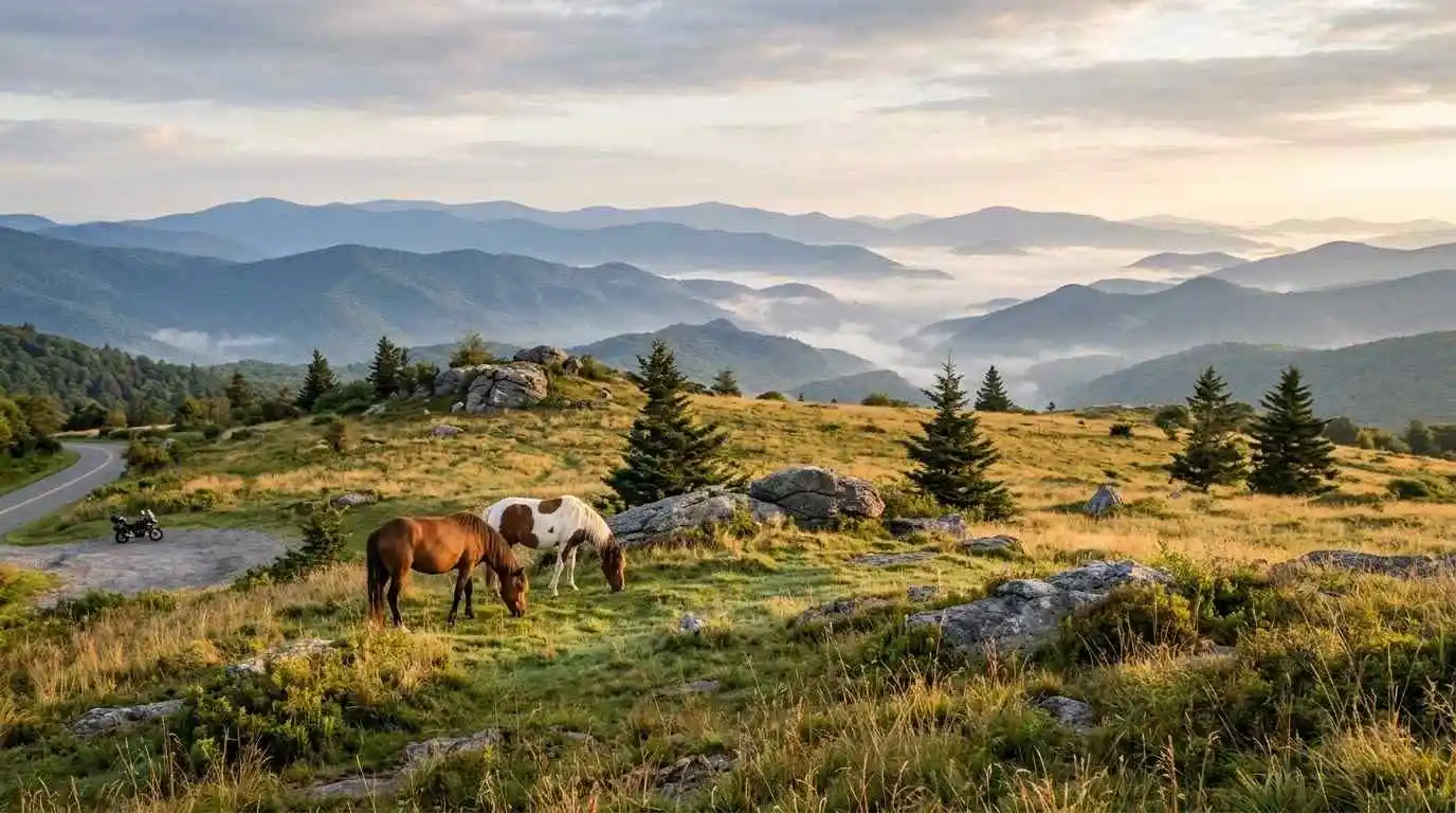 Wild ponies grazing on a misty mountain bald in Grayson Highlands, Virginia with a distant motorcycle parked at a pull-off.