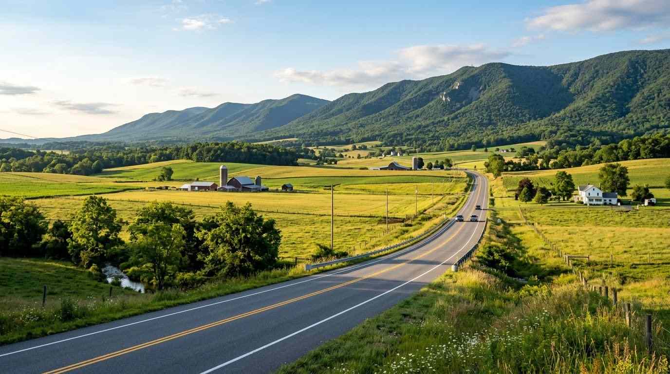 Motorcycle rider on a country road near Harrisonburg in Rockingham County, Virginia with a mountain ridge in the distance.