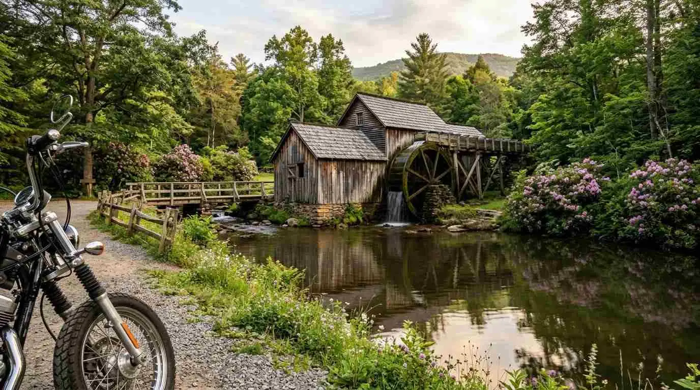 Historic water-powered mill beside a millpond near Meadows of Dan, Virginia with a motorcycle parked in the foreground.