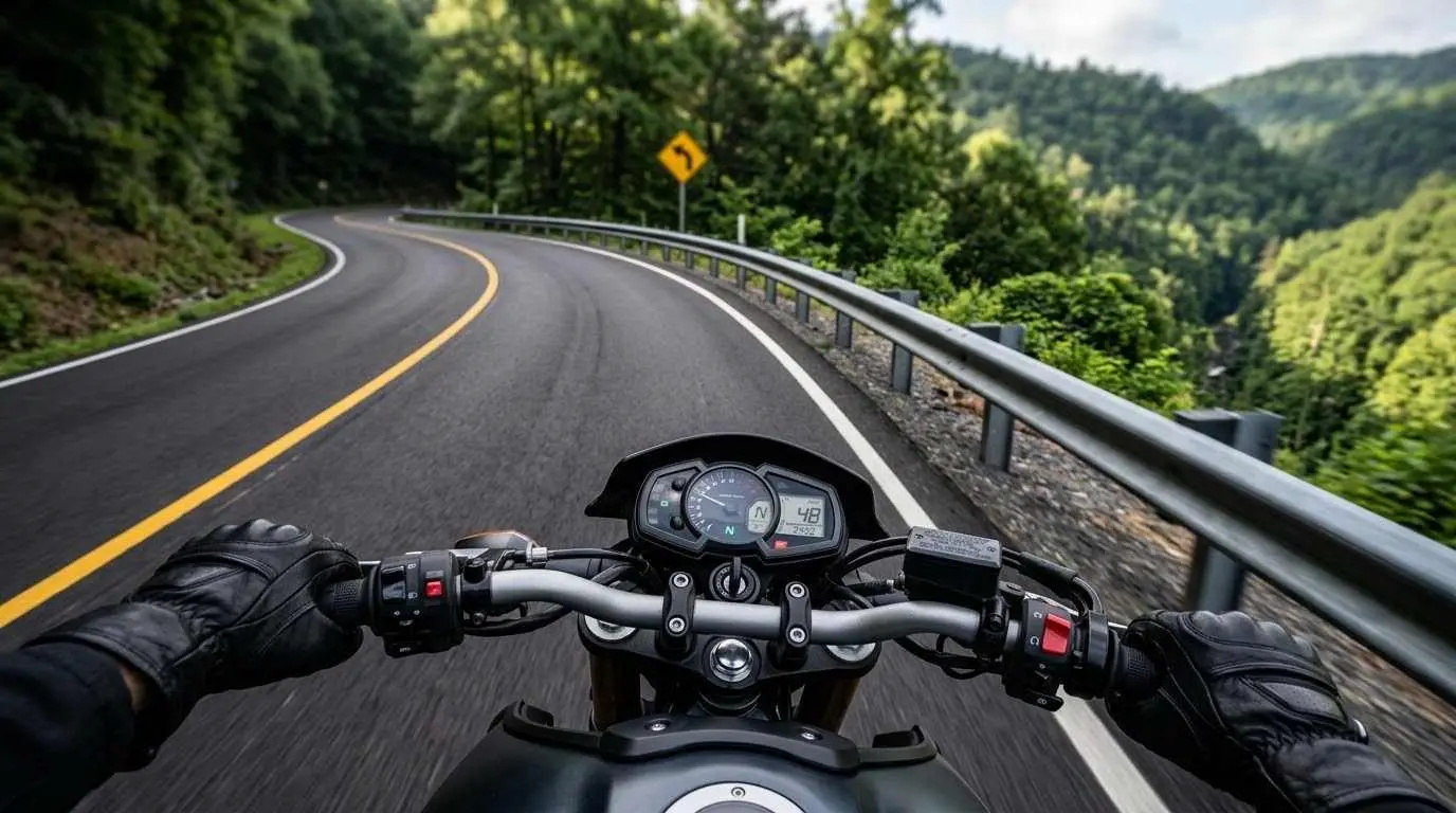 Rider's view over the handlebars of a motorcycle entering a tight banked curve on Route 16 near Tazewell, Virginia.