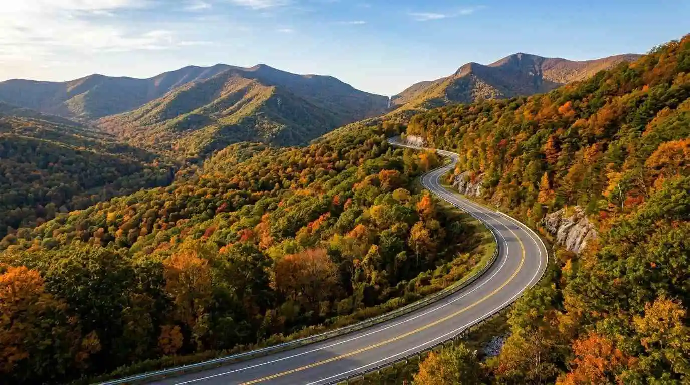Route 211 Thornton Gap motorcycle guide showing wide dual-lane mountain pass curves in Virginia.