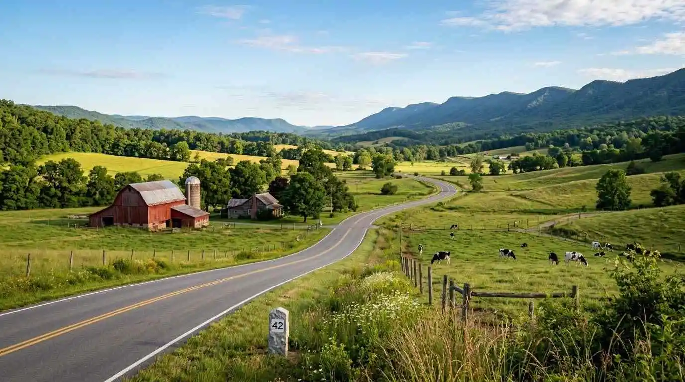 Route 42 Cumberland Gap Scenic Byway motorcycle guide showing a smooth two-lane valley road in western Virginia.