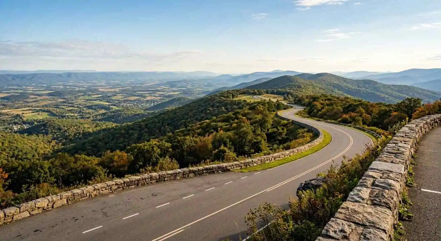 Skyline Drive Central Section motorcycle guide showing a scenic road along mountain ridges in Shenandoah National Park.