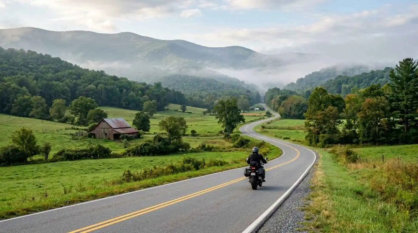 Motorcycle rider on a two-lane road near Waynesboro, Virginia heading toward Rockfish Gap in the Blue Ridge Mountains.