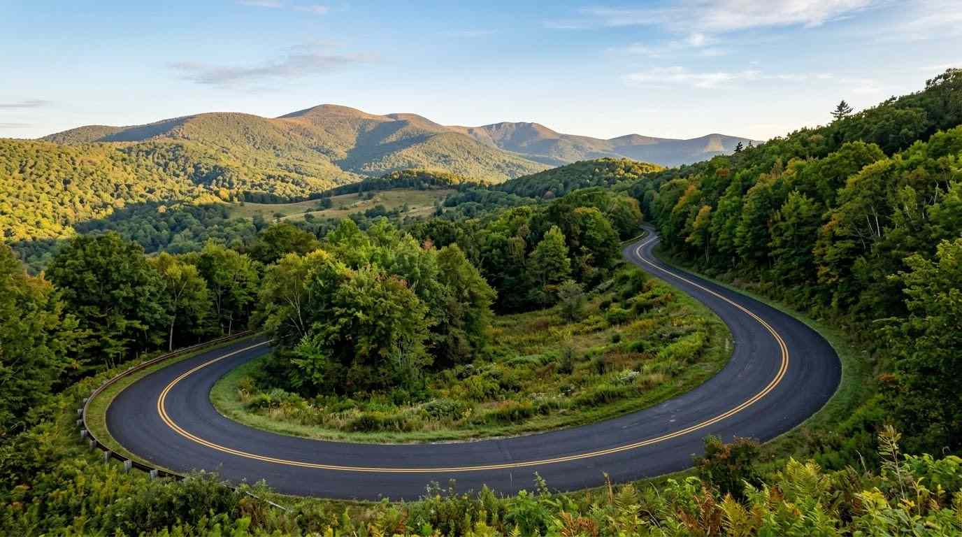 Whitetop Mountain and Route 603 motorcycle guide showing a scenic winding backroad in Grayson Highlands Virginia.